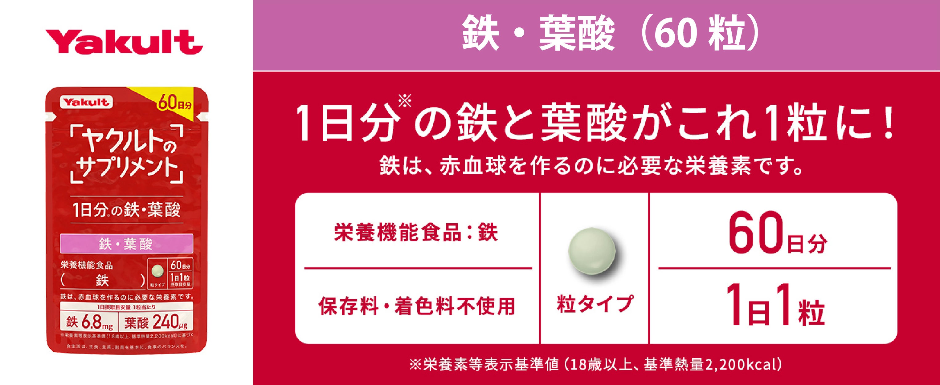 1日1粒、直径7mmの小粒に鉄と葉酸を。60粒入りで続けやすく