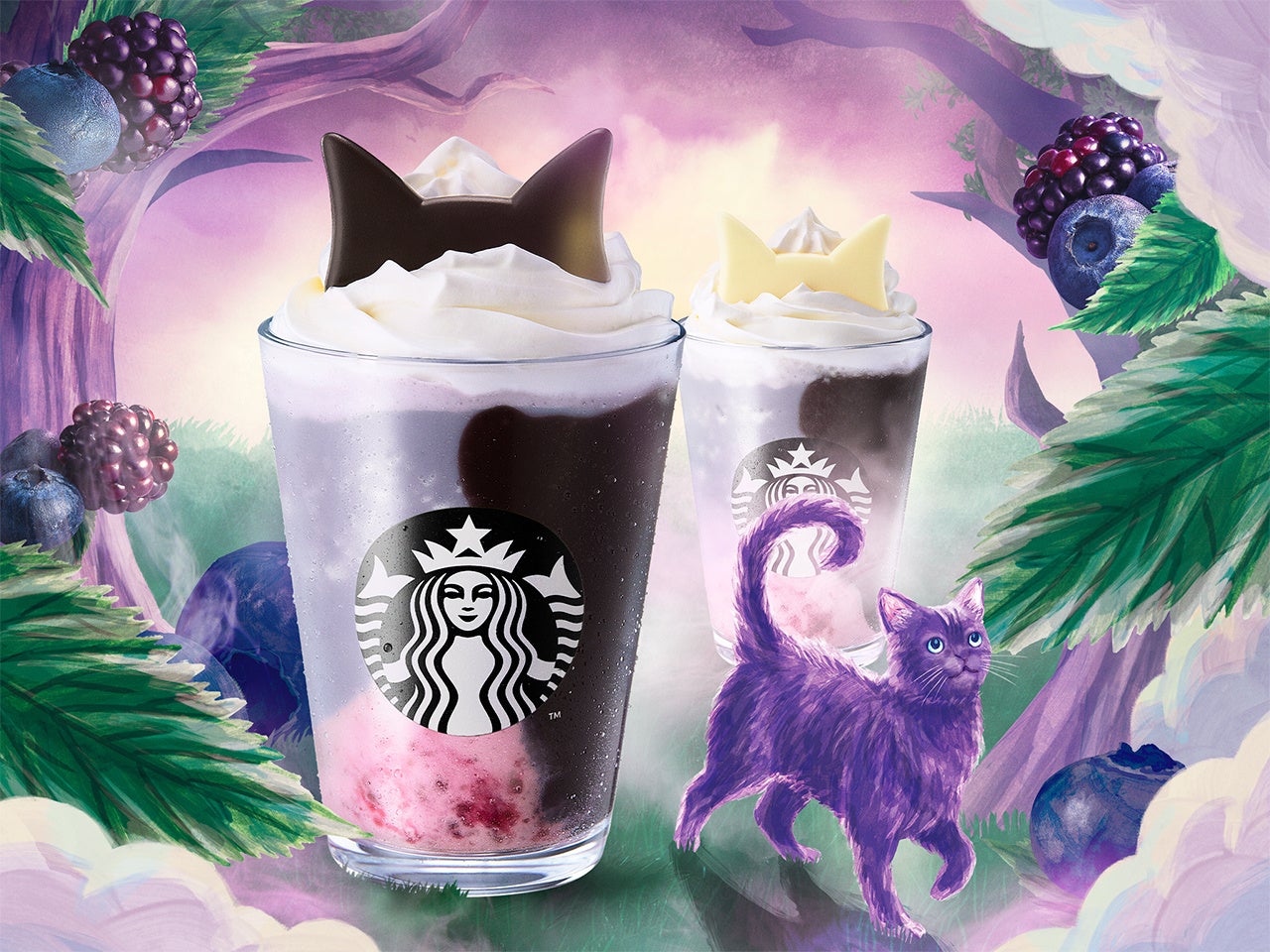 猫耳がのぞく『ブラックベリー ヨーグルト フラペチーノ® 黒耳ver.』