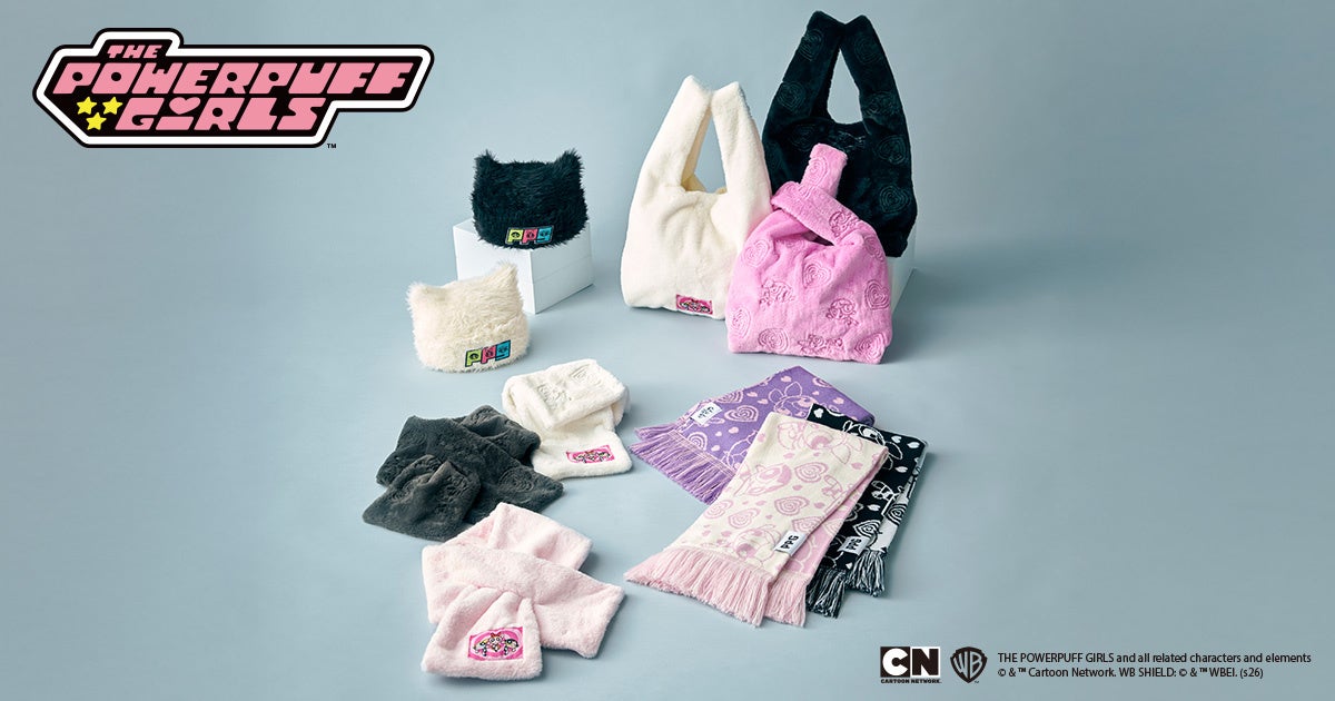 ムーンバットから「パワーパフ ガールズ」の冬小物、マフラーや猫耳ニット